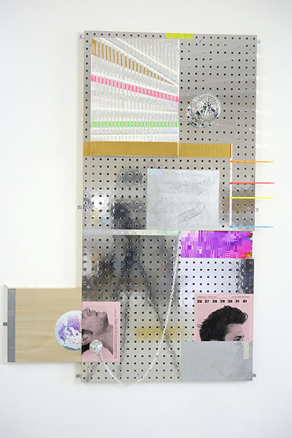 "DISCOurse (2013)." Acryla gouache and tape on canvas, holographic & glitter tape, archival digital print, Butt calendar pinup, chain, aluminum tube, cable ties, mirror balls, on custom Mylar coated pegboard // 48" x 38" x 5" Bradley Wester, "DISCOurse"
