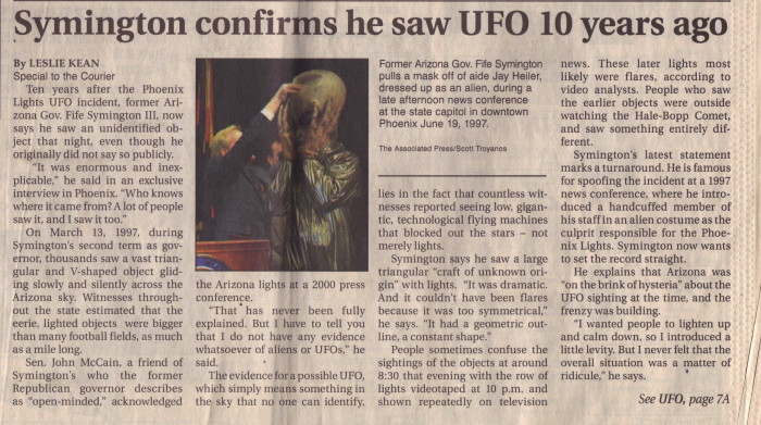 This was a front page story I wrote to break the news of Gov Symington's admission that he saw the UFO during the Phoenix incident - ten years after the fact. The story was picked up far and wide and covered by CNN. Credit: Leslie Kean